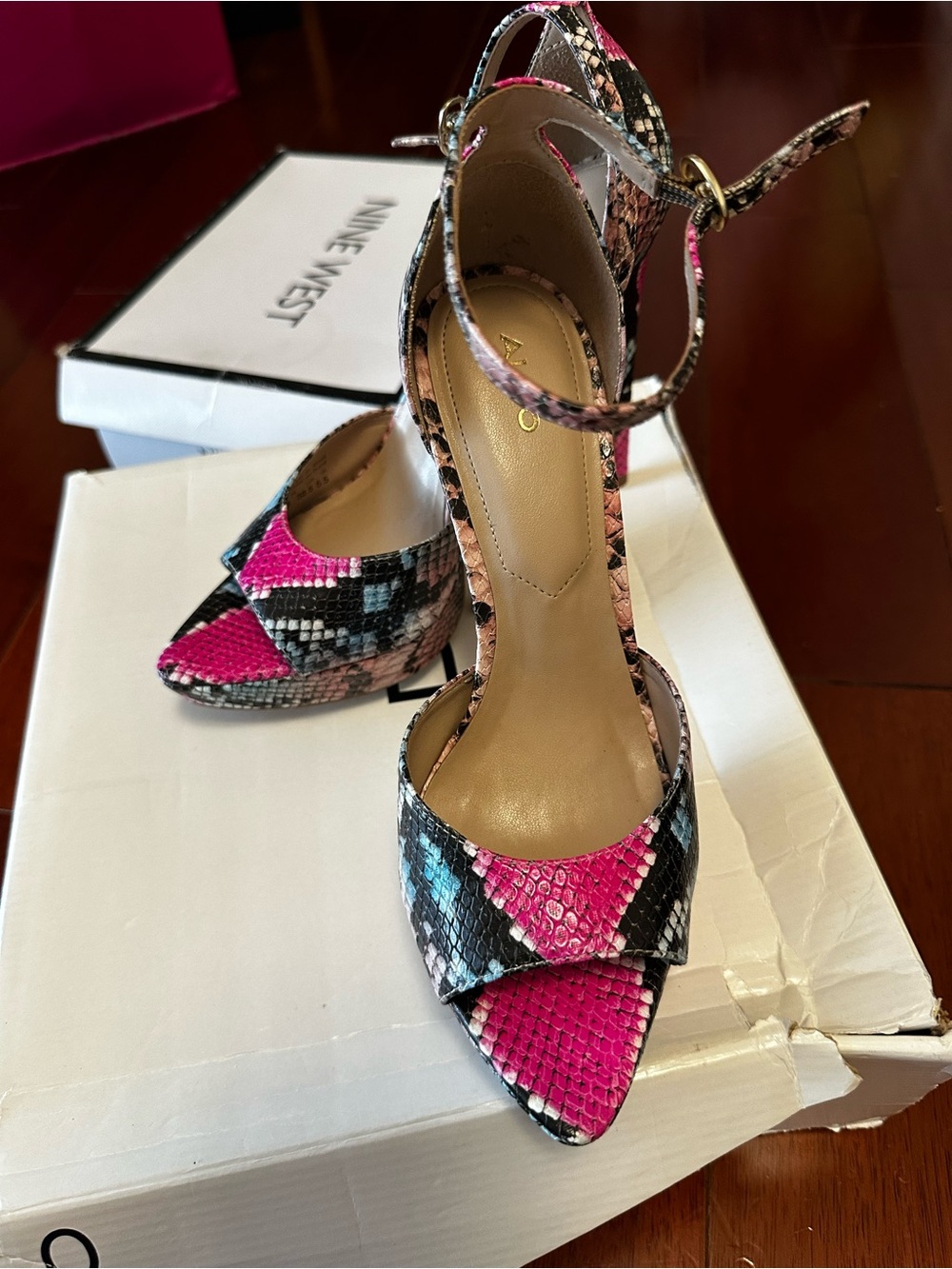 Aldo Pink Black Blue Snake-Print Ankle Strap Heels